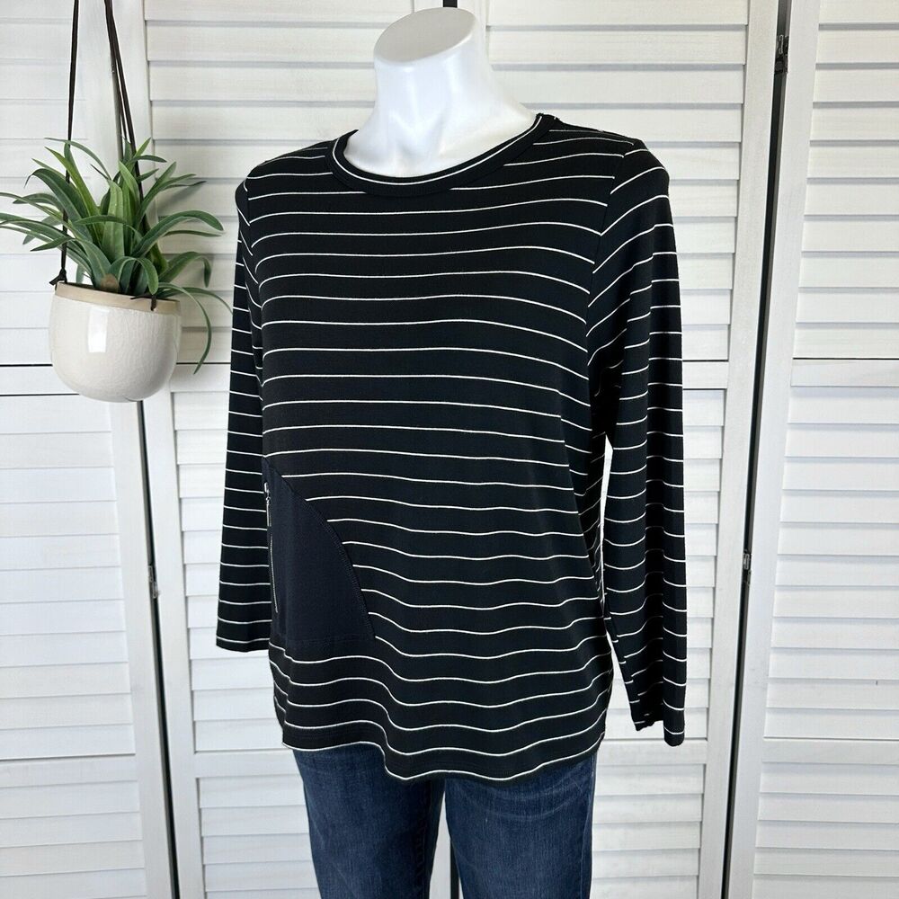 Comfy USA S Black White Stripe Knit Blouse Top Applique‎ Long Sleeve Tee Shirt